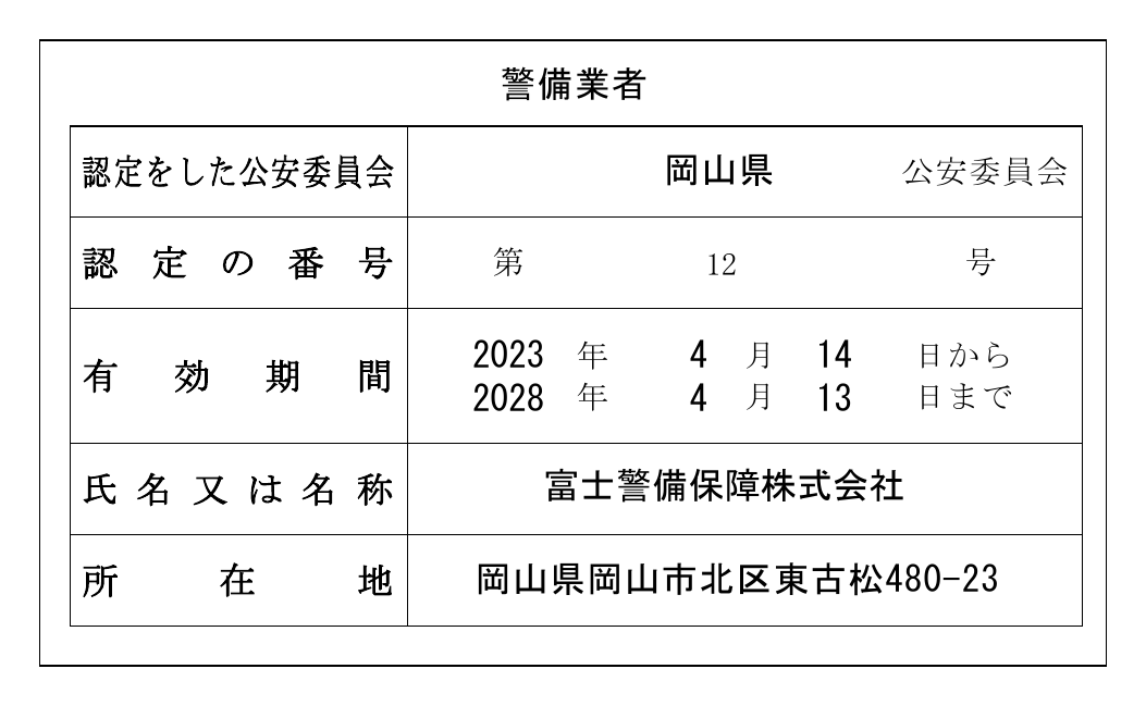 富士警備保障株式会社 警備業者標識 岡山県公安委員会認定第12号